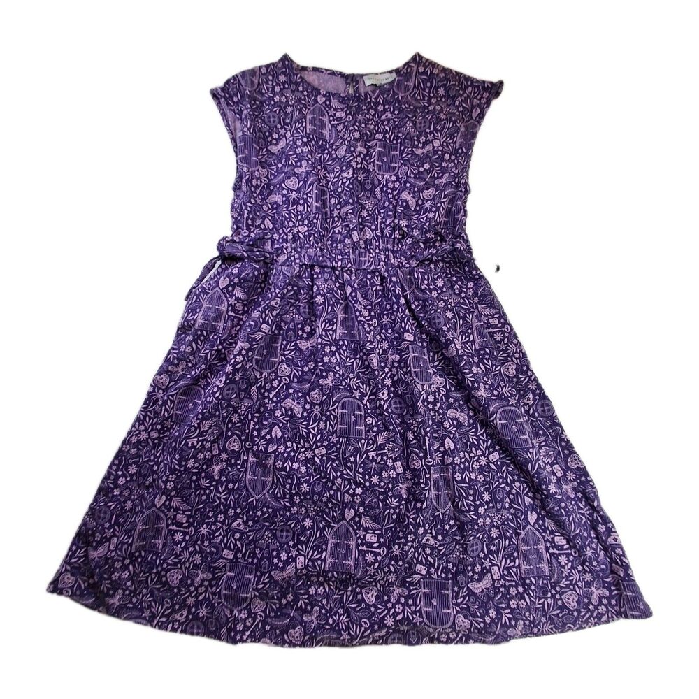 Sz XL 14/16 Teens Girls Dress Mushrooms Butterfly Short Sleeve Purple Cotton
